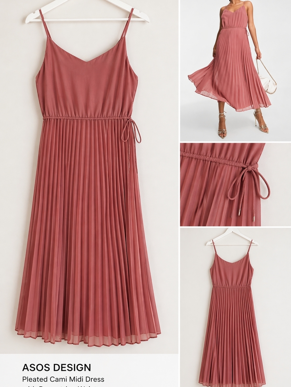 ASOS Pleated Cami Midi Dress in Dusty Rose